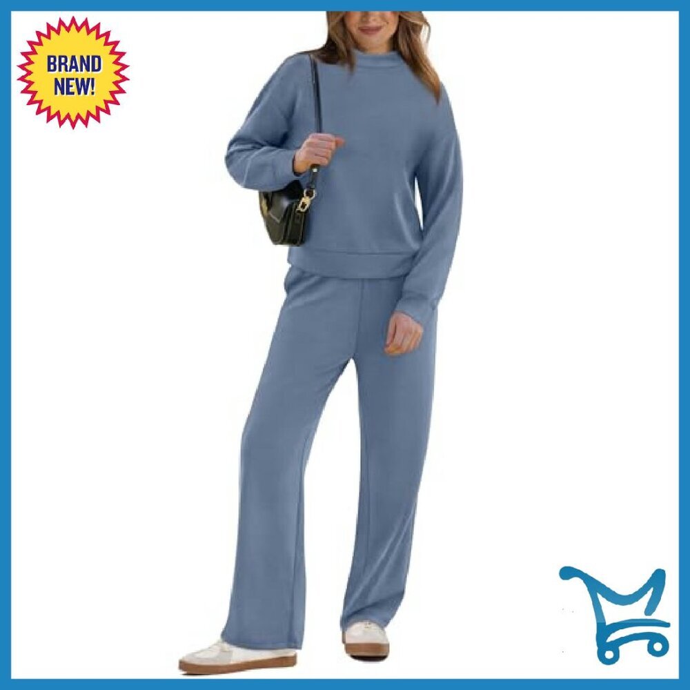 Women's Mock Neck Top & Wide Leg Pants Set - 4-Way Stretch Lounge Wear - Picture 3 of 8
